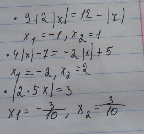 Решить уравнения:______________• 9 + 2|x| = 12 - |x| •~~~~~~~~~~~~~~~~~~~~~~~~~~~~~~• 4|х| - 7 = -2|