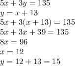 5x + 3y = 135 \\ y = x + 13 \\ 5x + 3(x + 13) = 135 \\ 5x + 3x + 39 = 135 \\ 8x = 96 \\ x = 12 \\ y = 12 + 13 = 15