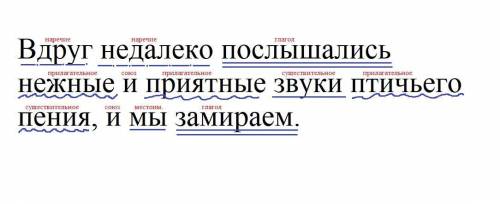 сделать синтакчический разбор предложения Вдруг недалеко послышались нежные и приятные звуки птичье