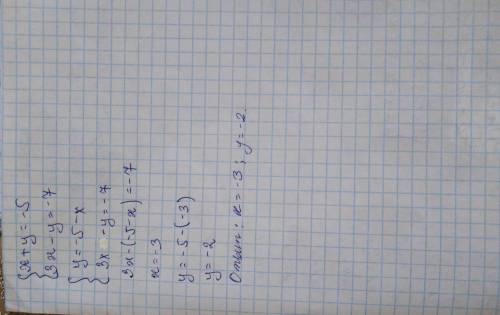 Решите систему методом подстановки x+y=-5, 3x-y=-7