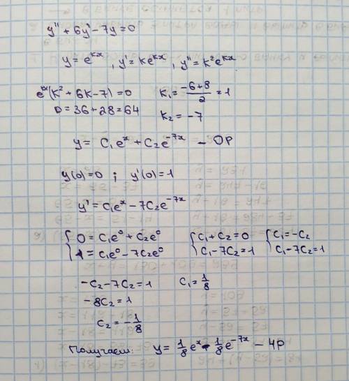 Найти частное решение дифференциального уравнения y''+6y'-7y=0, y(0)=0, y'(0)=1