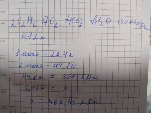 В результате химической реакции 2С2H6 + 7O2 = 4CO2 +6H2O выделяется 3083 кДж теплоты. Рассчитайте те