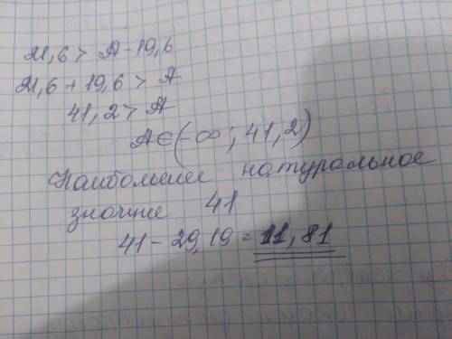 Найдите разность наибольшего натурального значения А,удовлетворяющие неравенству 21,6> А – 19,6,