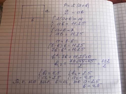 Найти стороны прямоугольника, если известны периметр 14 и площадь 11,25