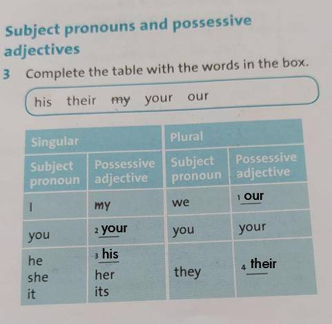 3 Complete the table with the words in the box. his their my your ourSingularPluralSubject Possessiv