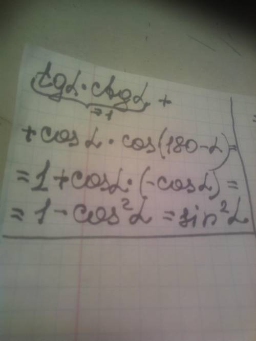 2. Спростити. , tg axctg a+cos axcоs(180°- a)