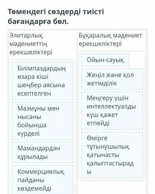 Төмендегі сөздерді тиісті бағандарға бөл. Элитарлық мәдениеттің ерекшеліктеріБұқаралық мәдениет ерек