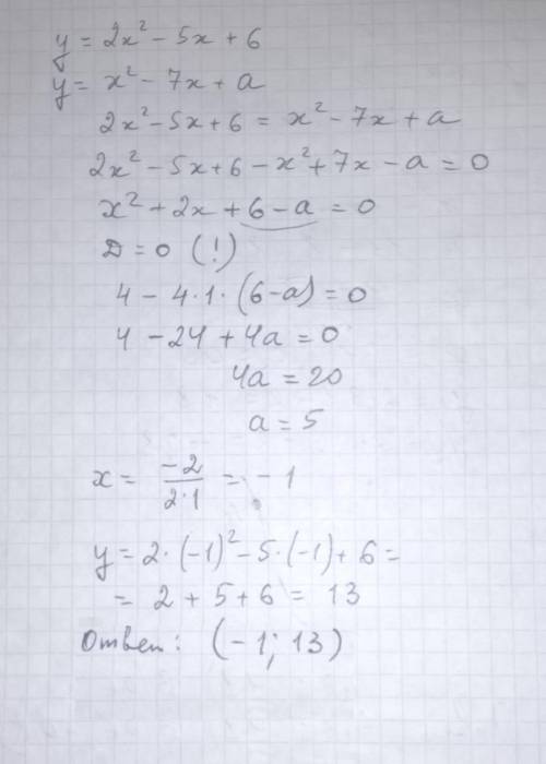 При каком значении а графики функций у=2х^2-5х+6 и у=х^2-7х+а имеют одну общую точку? Найдите коорди