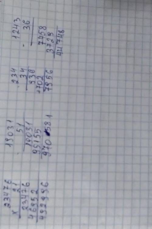 Выполни умножение с комментированием 23 476 x 21= 19 031 х 51= 234 х 34= 1 243 х 36=