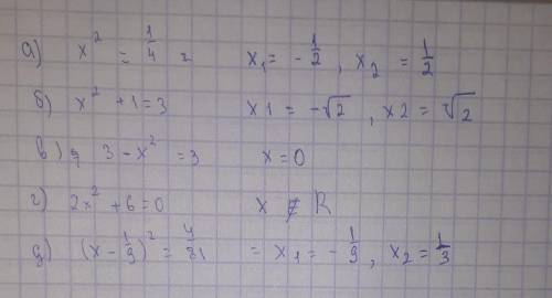 А)x²=¼б)x²+1=3в)3-x²=3г)2x²+6=0д)(x-⅑)²=4/81Решите уравнения​