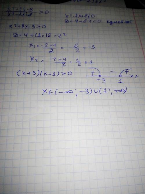 Решите неравенство x^2+2x-3 черта дроби x^2-2x+8>0