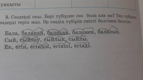 5. Сөздерді оқы. Бәрі түбірлес сөз бола ала ма? Тек түбірлес сөздерді теріп жаз. Әр сөздің түбірін т