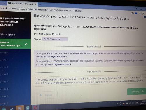 Дана функция y = f(x), где f(x) = - 3x + 12. Определи взаимное расположение графиков функций:y = f(x