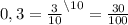 0,3 = \frac{3}{10}^{\setminus10} = \frac{30}{100}