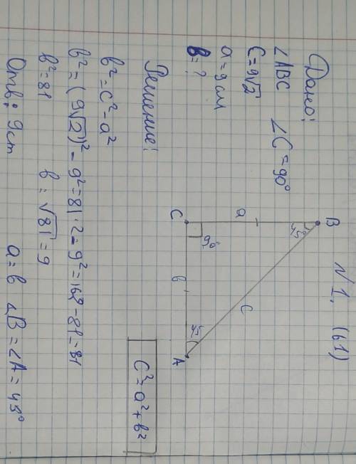 1. В прямоугольном треугольнике ABC угол C= 90°, гипотенуза c равна 9√2 cm, а катет а равен 9 cm. На