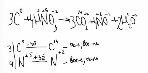 Приравняйте данную реакцию по методу электронных весов: C + HNO3 → CO2 + NO + H2O​