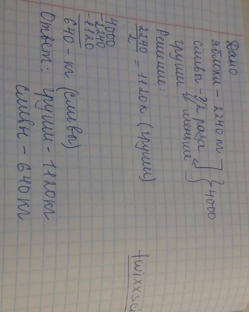 на рынок привезли груши яблоки и сливы всего 4000 кг яблок было 2240 кг груш в 2 раза меньше чем ябл