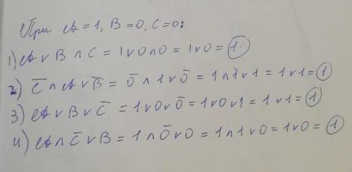 Определите, какие значения принимают выражения, если А=1, В=0, С=0 А˅В˄С= ¬С˄А˅¬В= А˅В˅¬С= А˄¬С˅В=