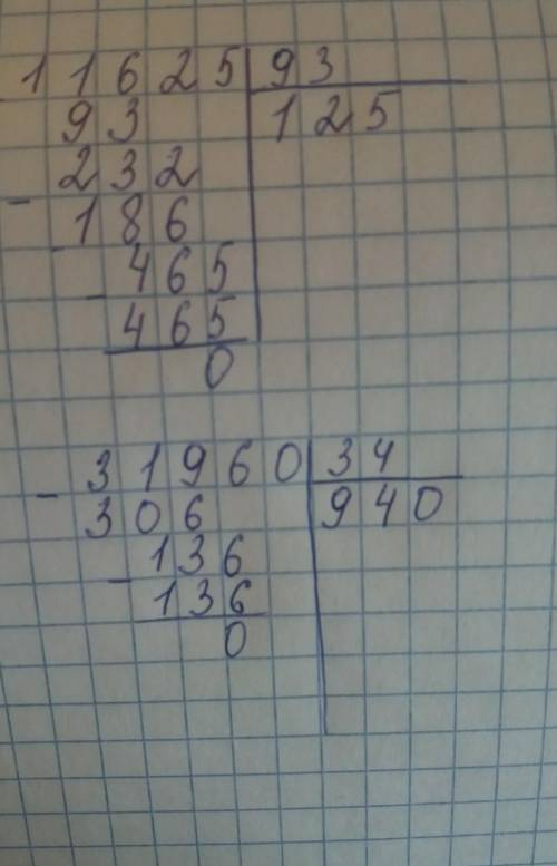 Решить столбик 11625 делим на 93 31960 делим на