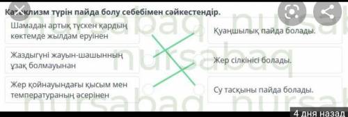 Катаклизм түрін пайда болу себебімен сәйкестендір.шамадан артықтүскен қардыңҚуаңшылықкөктемде жылдам