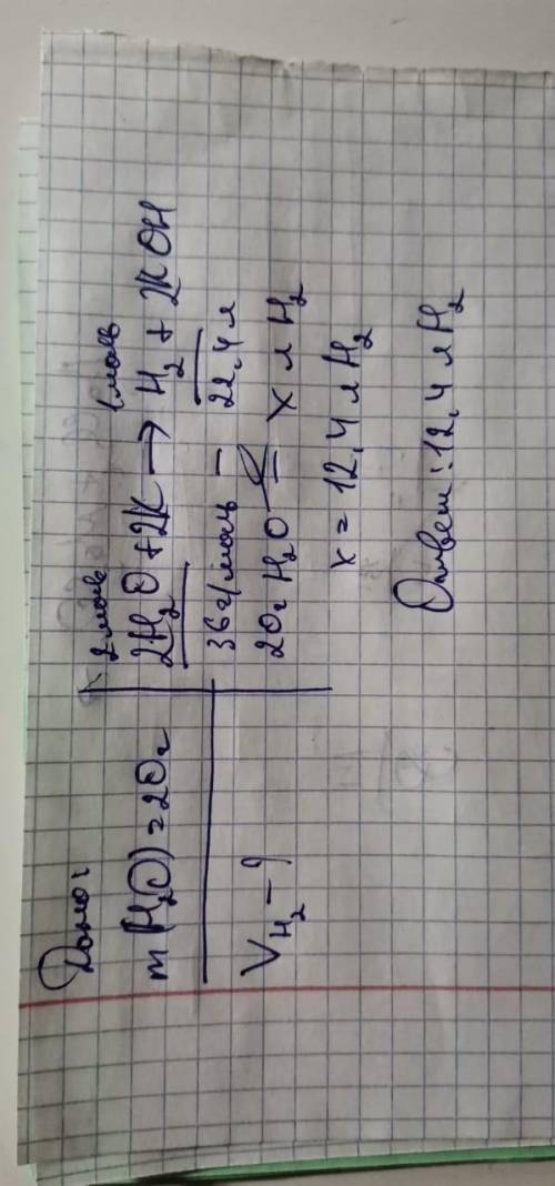 Определите Объем газа, в реакции 20 г воды и калия​