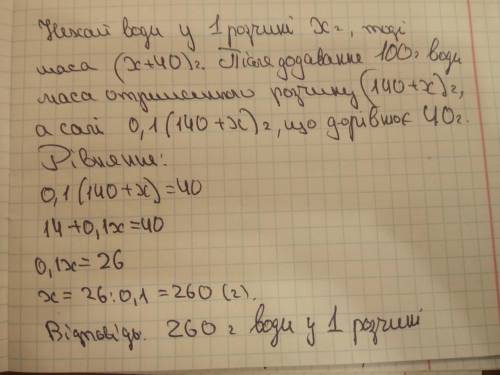 до розчину, який містить 40 г солі, додали 100 г води. Після цього концентрація солі в розчині стала