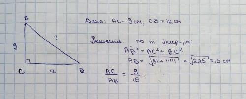 Нарисуй прямоугольный треугольник ABC так, чтобы ∢C =90°, AC= 9 см и BC= 12 см. Вычисли AB= см и н