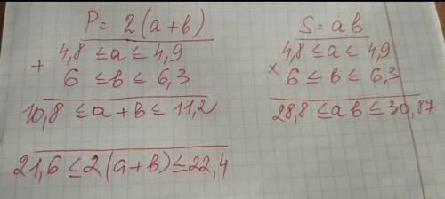 Оцените периметр и площадь прямоугольника со сторонами а и b см где 3,7<а<6; 4< b<5,2 за