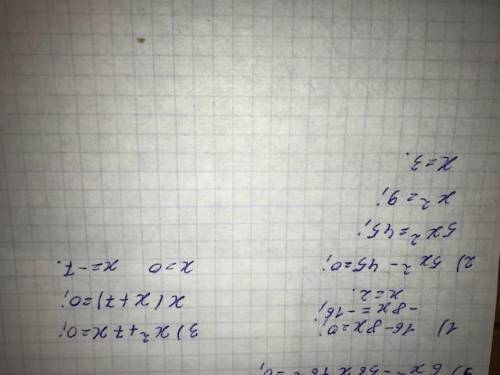Розв'язати рівняння 16 - 8x = 0 5x^2 - 45 = 0 X^2 + 7x = 0