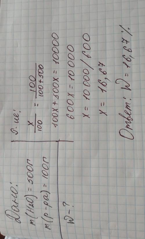 умоляю Определите процентную концентрацию раствора если в 500 г воды растворили 100г гидроксида бари