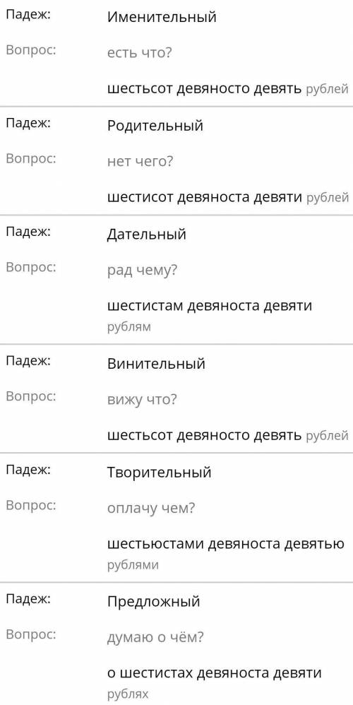 Просклоняйте числительные: 365, 413, 585, 699, 734, 948.