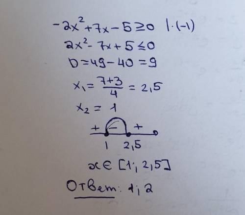 Найти целые решения неравенства: -2х2+7х-5≥0