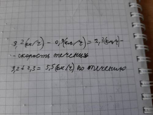 Скорость лодки против течения 0,9 км/ч.Собственная скорость лодки 3,2 км/ч.Найдите скорость течения