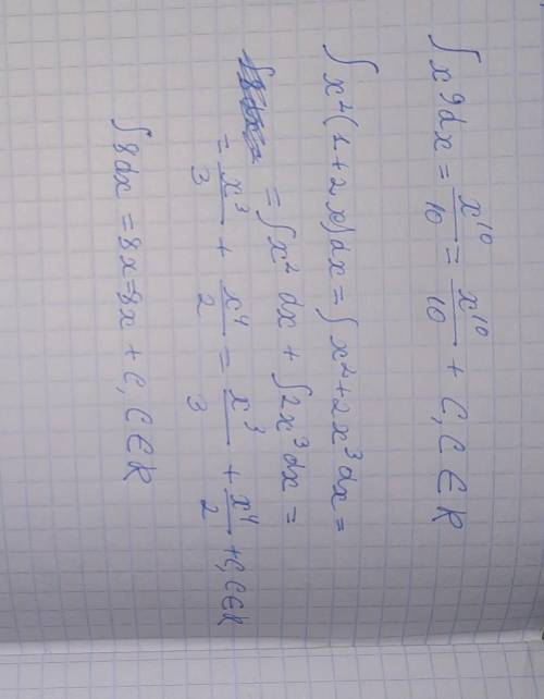 Вычислить неопределённый интеграл ∫x⁹dx ∫x²(1+2x)dx ∫8dx