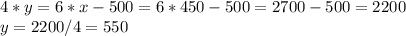 4*y = 6*x-500 = 6*450 - 500 = 2700-500 = 2200\\y = 2200 / 4=550
