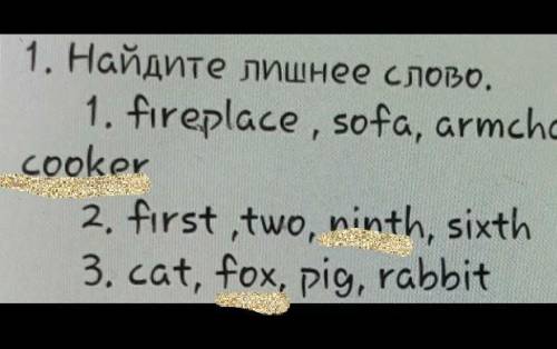 Найдите лишнее слово 1.fireplace, sofa, armchair, cooker2.First, two, ninth, sixth 3.cat, fox, pig,