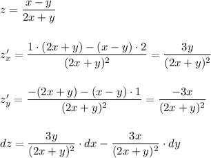 z=\dfrac{x-y}{2x+y}\\\\\\z'_{x}=\dfrac{1\cdot (2x+y)-(x-y)\cdot 2}{(2x+y)^2}=\dfrac{3y}{(2x+y)^2}\\\\\\z'_{y}=\dfrac{-(2x+y)-(x-y)\cdot 1}{(2x+y)^2}=\dfrac{-3x}{(2x+y)^2}\\\\\\dz=\dfrac{3y}{(2x+y)^2}\cdot dx-\dfrac{3x}{(2x+y)^2}\cdot dy