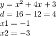 y = {x}^{2} + 4x + 3 \\ d = 16 - 12 = 4 \\ x1 = - 1 \\ x2 = - 3