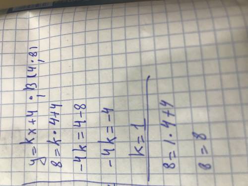 Функция задана формулой у=kх+4, найдите коэффициент k, если прямая проходит через точку В(4;8)