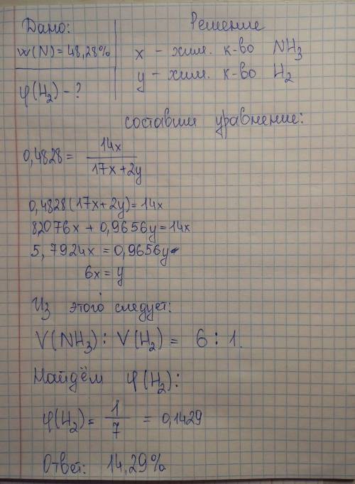 в смеси аммиака и водорода массовая доля атомарного азота 48,28% . Рассчитайте объемную долю газообр