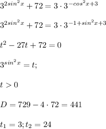 3^{2sin^2x}+72=3\cdot3^{-cos^2x+3}\\ \\3^{2sin^2x}+72=3\cdot3^{-1+sin^2x+3}\\ \\ t^2-27t+72=0\\ \\ 3^{sin^2x}=t;\\ \\t 0\\ \\D=729-4\cdot72=441\\ \\ t_{1}=3;t_{2}=24