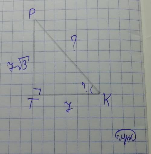 Впрямоугольном треугольнике ркт (∟т= 90), рт = 7√3 см, кт= 7 см. найдите угол к и гипотенузу кр.​