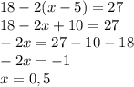 18-2(x-5)=27\\18-2x+10=27\\-2x=27-10-18\\-2x=-1\\x=0,5