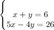 \left\{\begin{matrix}\\x+y=6\\
5x-4y=26\\
\end{matrix}\right.