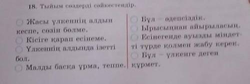 18. Тыйым сөздерді сәйкестендір. Жасы үлкеннің алдынБұл – әдепсіздік.кеспе, сөзін бөлме.Ырысыңнан ай