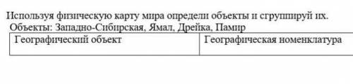 Используя физическую карту мира определи объекты и сгруппируй их. Объекты: западно - Сибирская, Ямал