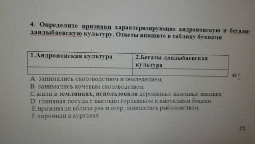 Определите признаки характеризующееся андроновской культуры и Бегазы Дандыбаевскую культуру .​