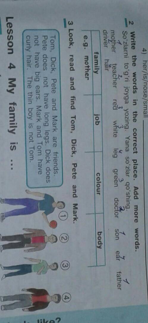 Write the words in the correct place.Add more words. mother teacher red white leg green doctor son e