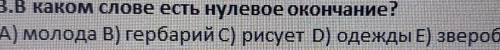 в каком слове есть нулевое окончание ? A) молода B) гербарий C) рисует D)одежды E) зверобой​