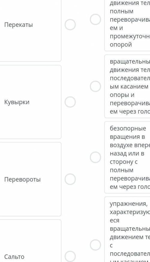 Акробатические упражнения и комбинации Соотнеси наименования и описания акробатических прыжков.​